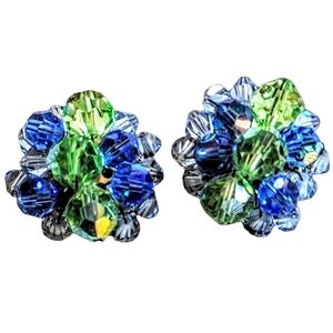 💠 Vintage 60s Faceted Blue Green Glass Austria Crystal Cluster Clip On Earrings